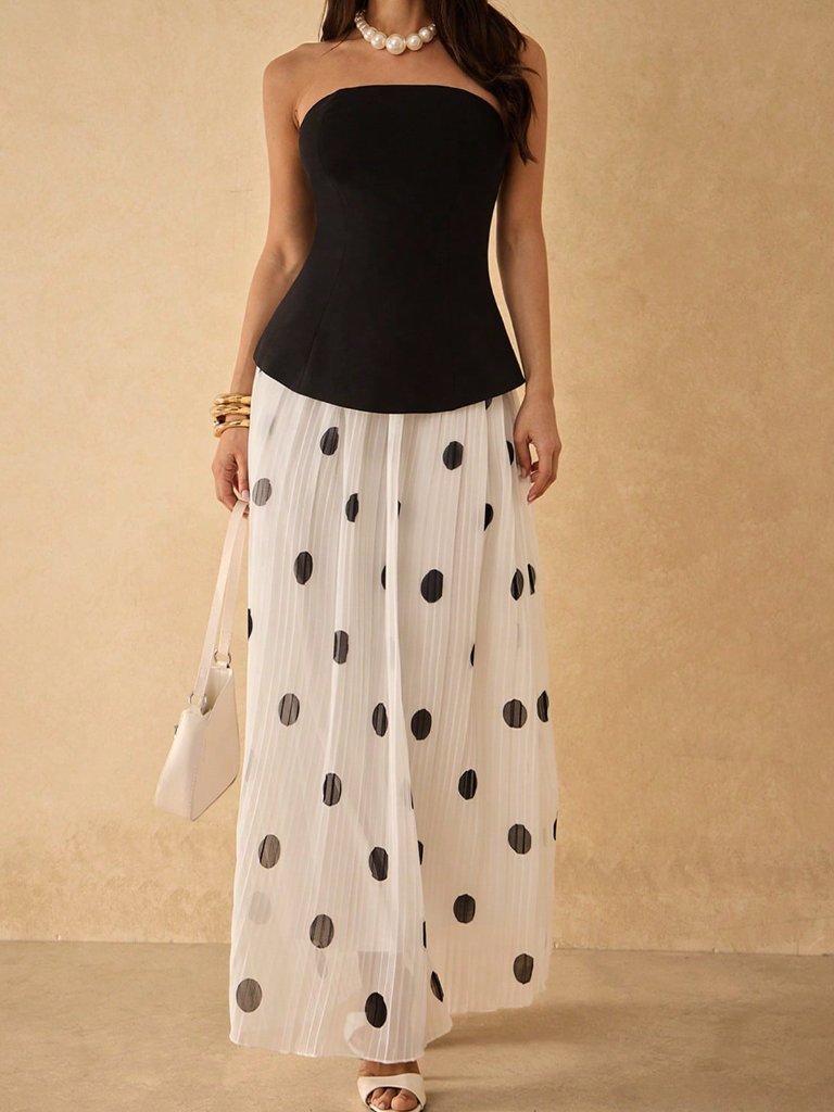 Black Polka Dot Women's Top & Pleated Skirt Two-Piece Set